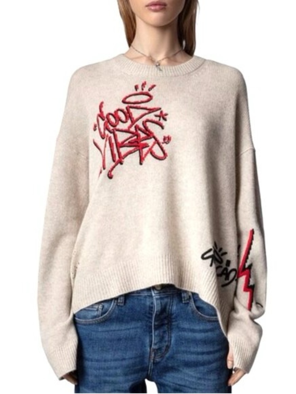 Zadig & Voltaire Cream Crewneck Sweater with Red Embroidered Graphics